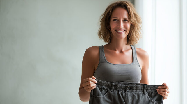 Smiling woman holding oversized jeans to show weight loss progress, representing healthy lifestyle, fitness goals, body transformation, dieting, and personal achievement.