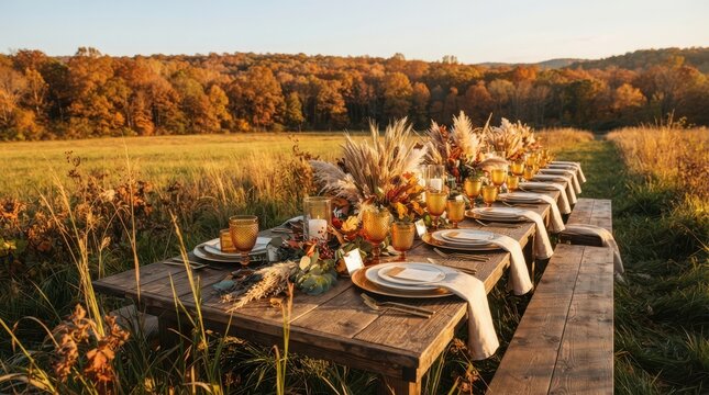 Long rustic wooden dinner table set for an outdoor autumn party in a scenic golden field with trees in the background
