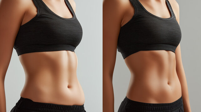 Female waist transformation before and after fitness and weight loss, highlighting reduced abdominal fat and a slimmer, toned midsection. Healthy lifestyle and body shaping concept.