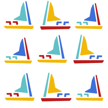 Seamless pattern of colorful jangada sailboats with minimalist sails on white background