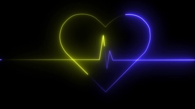 Neon heartbeat ekg pulse line animation, glowing medical heart rhythm concept on black background