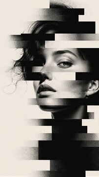 Close up of a woman face fragmented by geometric black and white bars. Abstract portrait exploring identity, privacy, perception, and digital distortion in contemporary art.