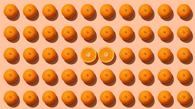 Close-up of fresh orange pills or vitamin capsules arranged in perfect rows on white background