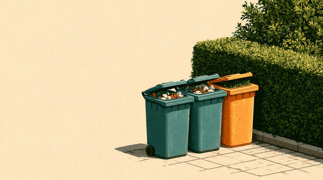 Isometric illustration of sorted recycling bins in a courtyard