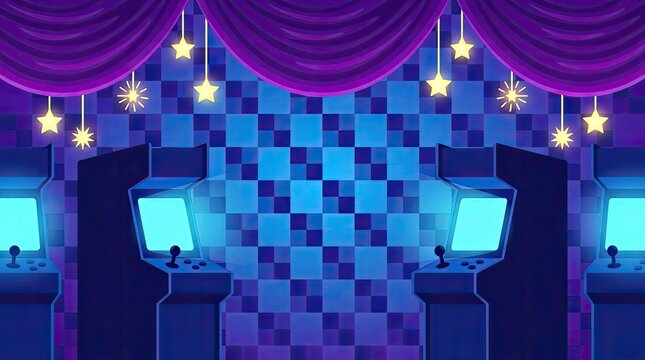 Retro arcade game room with neon lights and curtains.