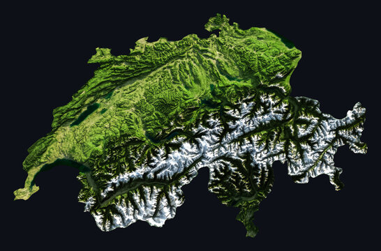 Switzerland Shaded Relief Map. Hillshaded physical terrain map illustration. Switzerland elevation, topography, and landforms.