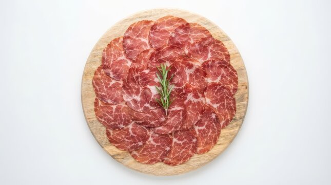 Slices of cured meat coppa or capicola on a round wooden board with a sprig of rosemary isolated on white background