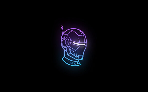 Neon robot head cyborg helmet glowing technology vector illustration