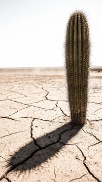 Single cactus in cracked desert earth under a harsh sun, symbolizing drought and climate change impacts