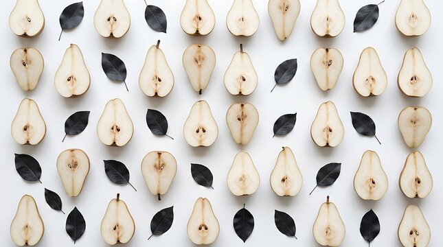 Fresh whole and sliced ripe pears scattered on white background for healthy food concept