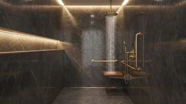 Inspect dark luxury accessible shower displaying flowing water wooden seat and illuminated wall niche