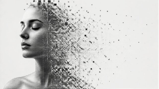 Abstract digital halftone portrait of a thoughtful man dissolving into pixels. Futuristic technology and artificial intelligence concept with copy space for innovation design.