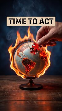 the earth is getting hotter due to climate change this is shown by a red hot globe and a hand placing a piece of a puzzle onto a wooden cube the puzzle represents the need to solve the problem