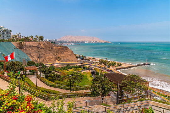 A view over the Malecon from the cliffs of Lima, Peru in the dry season