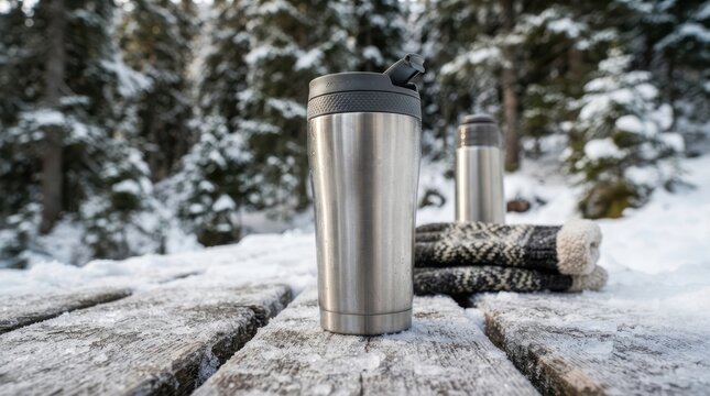 Two silver stainless steel travel mugs standing on a wooden table outside in a snowy forest during a cold winter day