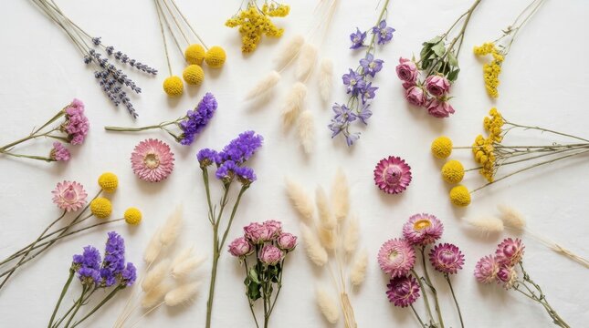 Dried flowers arrangement isolated on white background