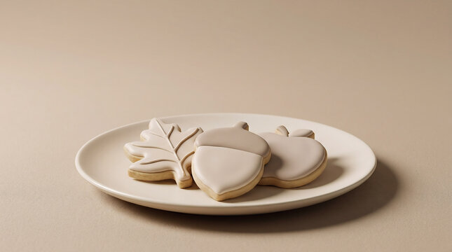 Minimalist autumn cookie designs featuring a decorated acorn leaf and apple-shaped treats served on a plain beige plate for a cozy fall season aesthetic