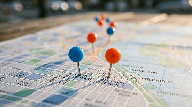Colorful push pins marking global business locations on world map for strategy planning