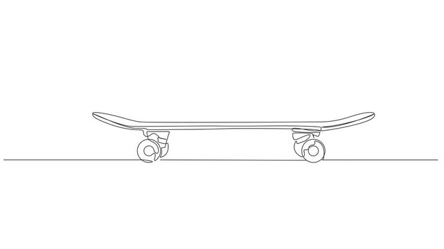 animated continuous line drawing of a skateboard, low angle side view, minimal line art animation