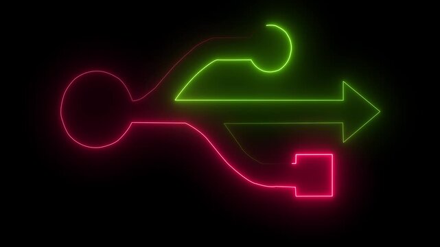 Neon usb symbol glowing with pulsing color animation for technology and data transfer concepts