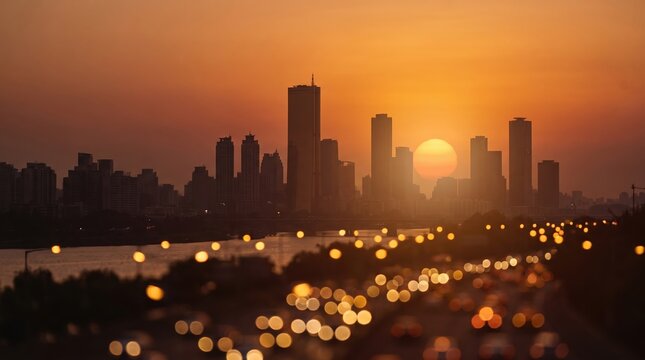 Summer sun blur golden hour hot sky at sunset with city rooftop view in the background fuzzy urban warm bright heat wave lights skyline heatwave bokeh for evening party. Generative AI 