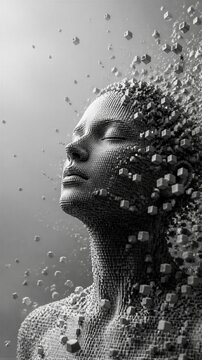 Profile of a human face dissolving into floating geometric cubes.