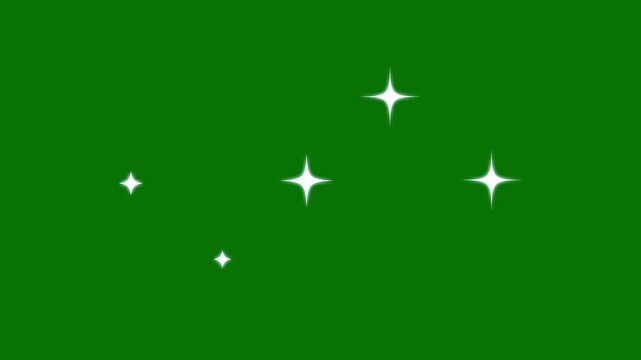 white flat cartoon stars blinking on green screen background, star glitter, shining retro doodle cartoon vector sparkles, twinkle light blinking effect 4k.