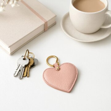 Blush Pink Heart Keychain with Keys and Coffee