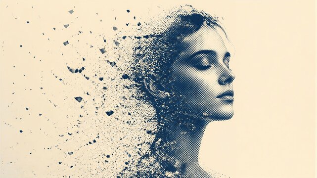 Pop art woman face dissolving into scattered particles.