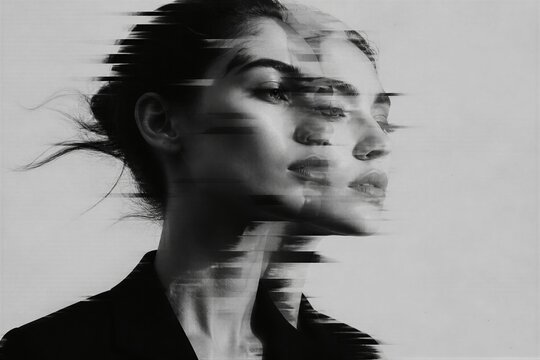 Woman portrait with digital glitch distortion and fragmented double exposure. Monochrome conceptual image symbolizing identity, technology, memory and psychological disruption.
