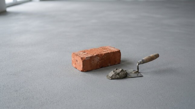 Brick and Trowel on Concrete: A single red brick lies next to a small trowel covered in cement on a smooth concrete surface, hinting at construction or DIY projects.