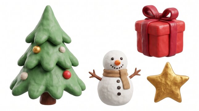 Clay style festive holiday decorations set including decorated pine tree snowman gift box gold star with holiday icons isolated clean white background