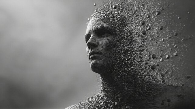 Abstract human face dissolving into floating geometric fragments.