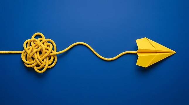 Yellow rope knot tied to origami paper boat on vibrant blue background for nautical or creative projects