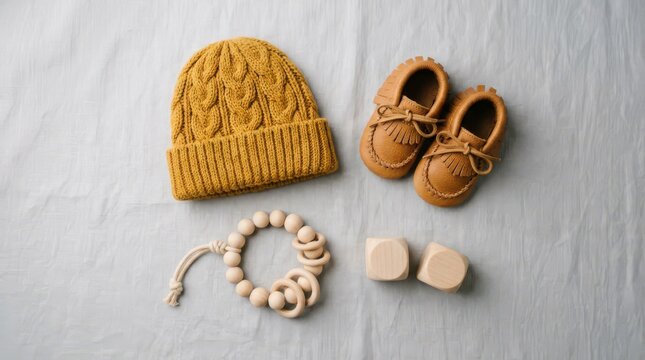 Baby items including mustard yellow beanie hat, leather moccasins, wooden teether and blocks
