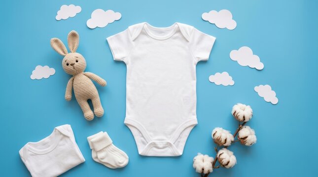 Baby bodysuit mockup with bunny toy and cotton flowers on blue background