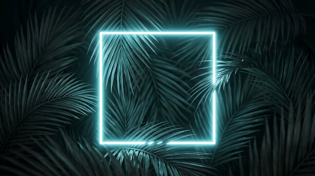 Digital screen frame with glowing neon light rays on dark futuristic background for tech design