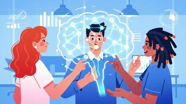 Artificial intelligence brain concept illustration with people collaborating on technology innovation