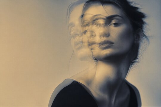 Close-up portrait of a thoughtful woman with multiple exposure effect. Emotional identity concept, memory, introspection and creative editorial design with copy space.