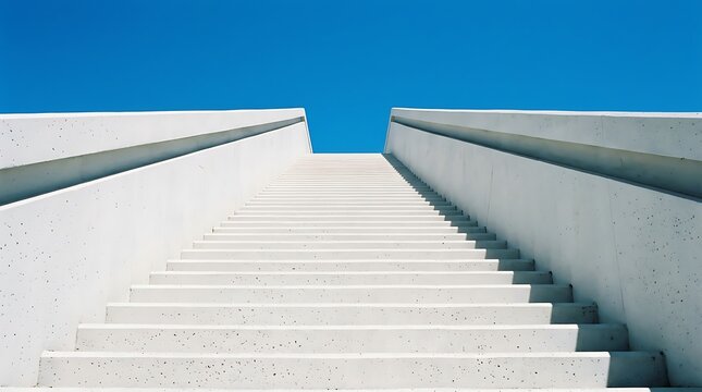 Modern white concrete staircase leading upward against clear blue sky background