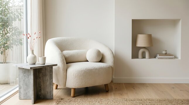Modern minimalist living room with cozy white armchair and natural sunlight for home decor