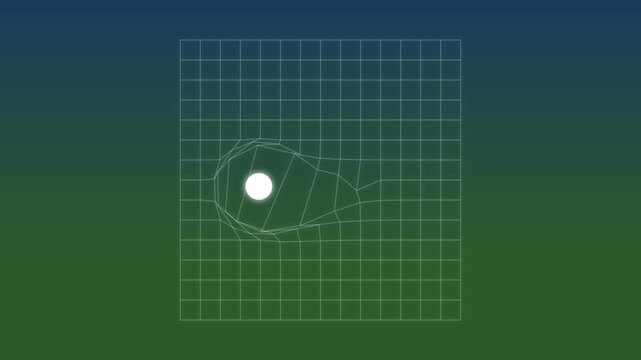 Abstract white circle dot warping a digital square grid on a dark blue and green gradient background
