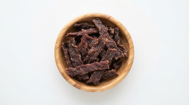 Beef jerky strips in a wooden bowl isolated on white background