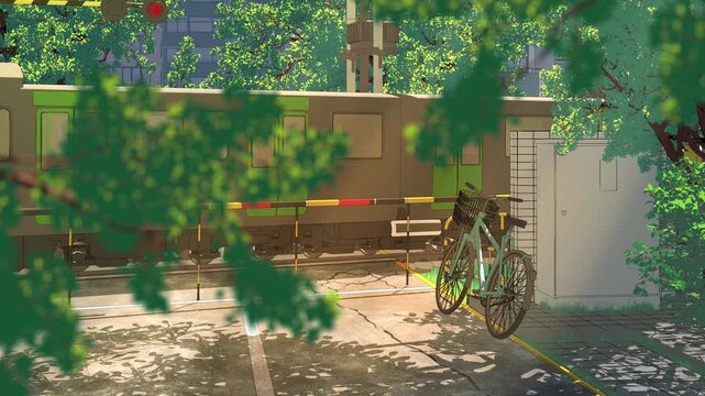 Bicycle by the rail crossing in summer