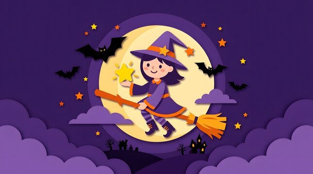 Cute little witch flies on a broomstick in front of a bright full moon