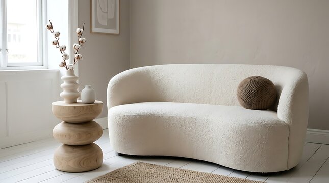 Modern white curved sofa in minimalist bright living room with pampas grass decor