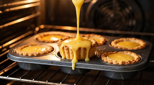 Yellow custard sauce being poured from a small metal pitcher over freshly baked tart pastries sitting in a muffin tray inside a warm oven.