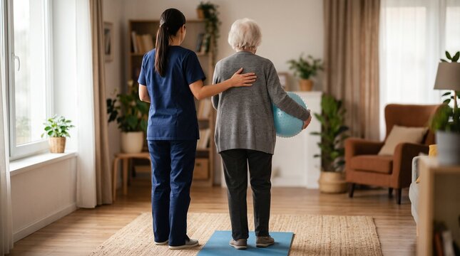 Caregiver assisting elderly woman with physical therapy exercise at home