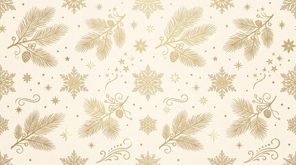 Elegant seamless winter holiday pattern with displays seamless festive pattern gold foil illustrations featuring pine branches cones shimmering stars textured cream background © Pro_Image_coll