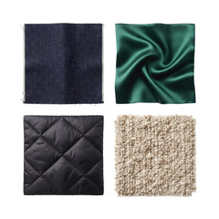 Naklejka premium Fabric material swatches in denim satin quilted bouclé